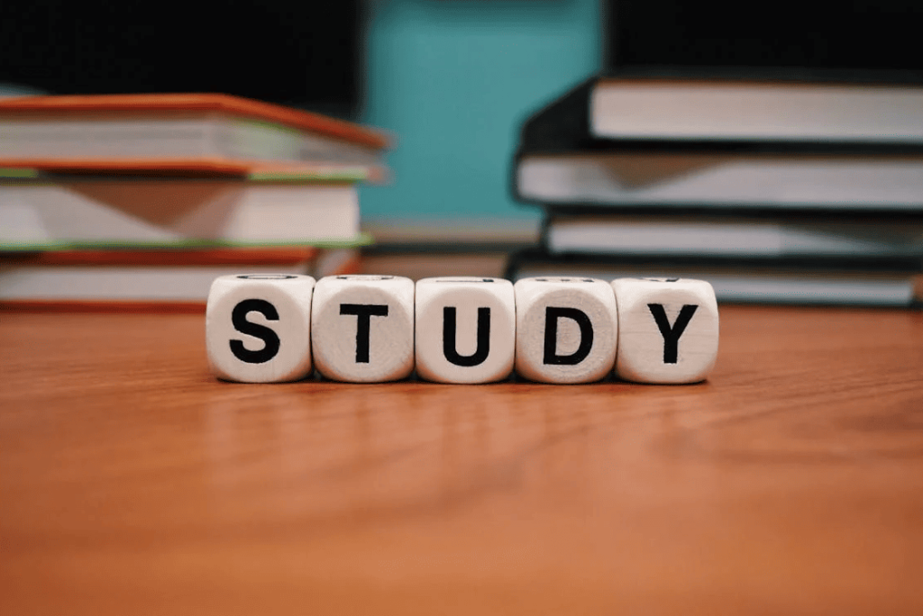 The word "Study" made out of dice on a table. 