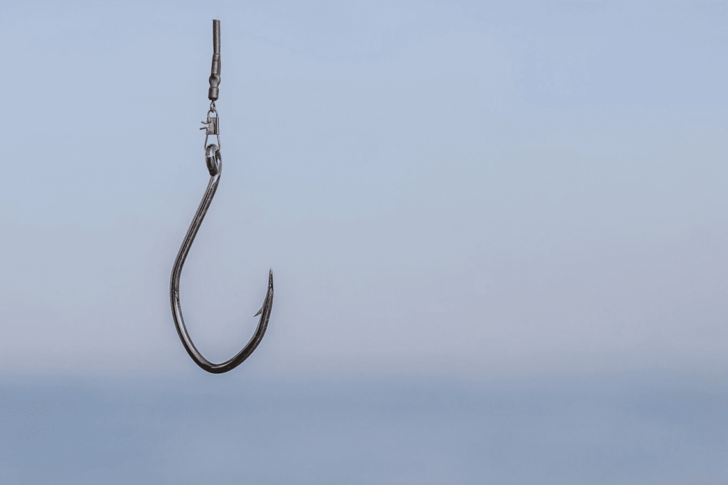 A fishing hook hanging from the side of a boat.