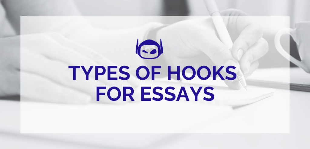 Smodin graphic with blue text "Types of Hooks for Essays" overlaying a black and white close-up of writing in a journal.