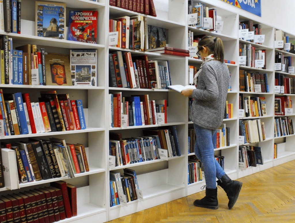 A student working in a library.