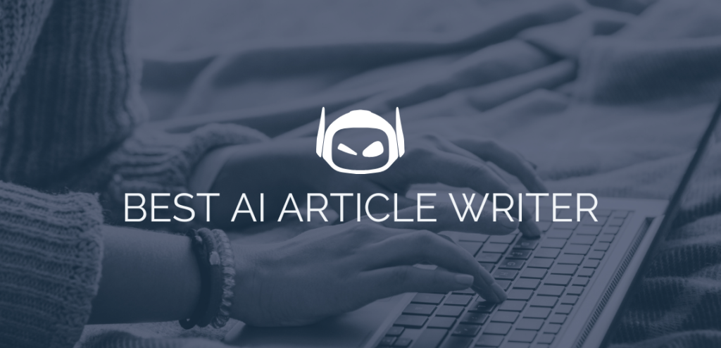 Smodin graphic of hands typing on a laptop with the text "Best AI Article Writer" on a blue-tinted background.