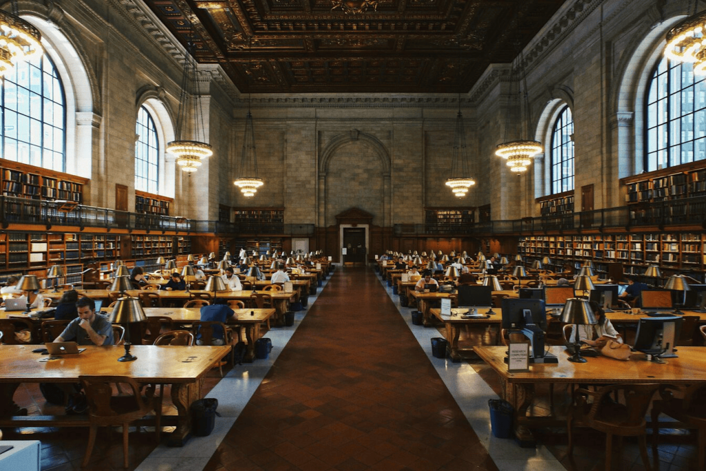 Students sitting in a library. 