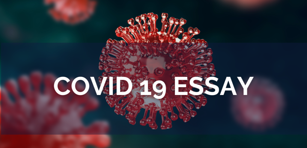 Smodin graphic of "COVID 19 Essay" with a close-up 3D model of a red virus particle in the background.