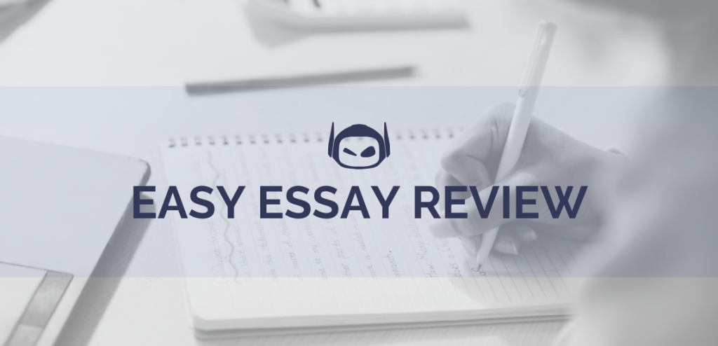 Smodin graphic of "EASY ESSAY REVIEW" with a background of someone writing in a notebook and the Smodin logo above the text.