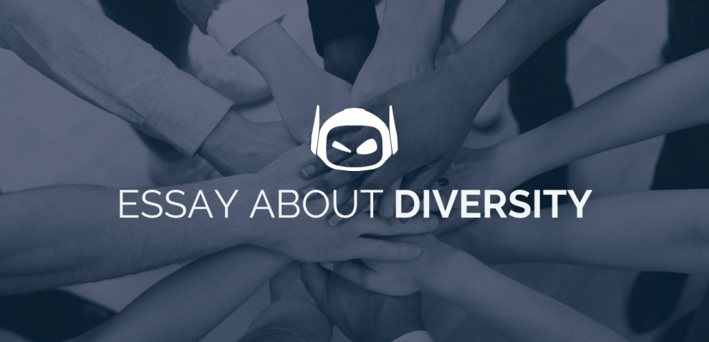 Smodin graphic of diverse hands stacked together in unity with overlay text "Essay About Diversity" in bold, clean font.