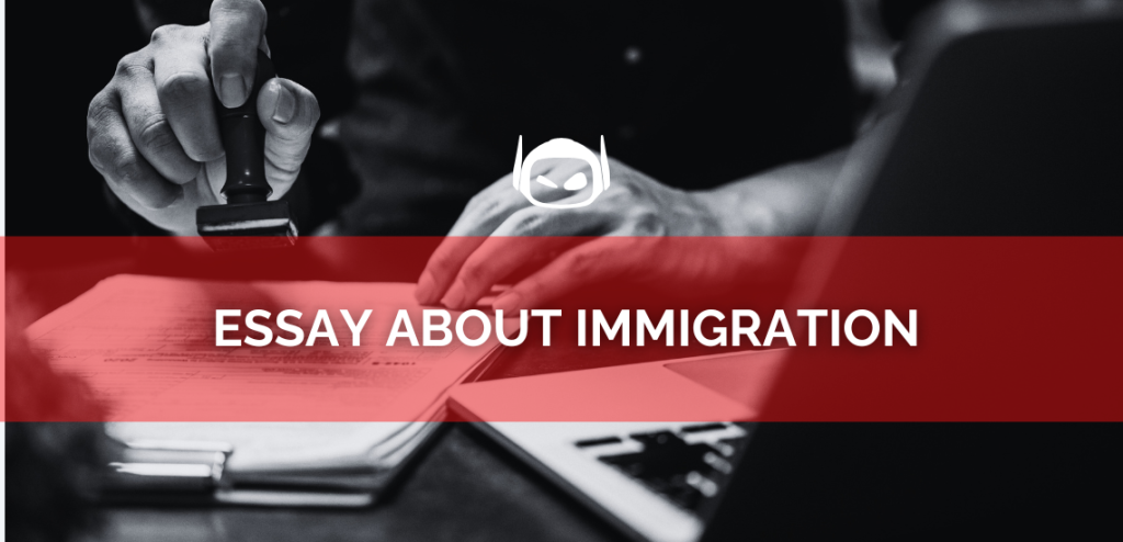 Smodin graphic of a person stamping a document near a laptop with the text "Essay About Immigration" on a red banner.