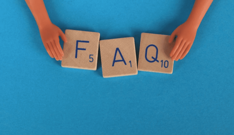 The acronym "FAQ" in titles with a blue background. 