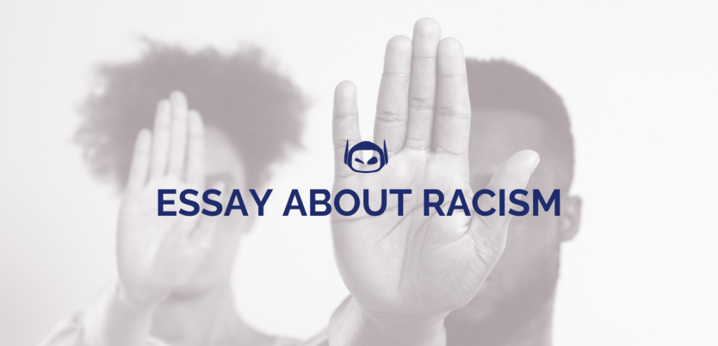 Smodin graphic of two people raising stop-gesture hands with "Essay About Racism" text on a light gray background.