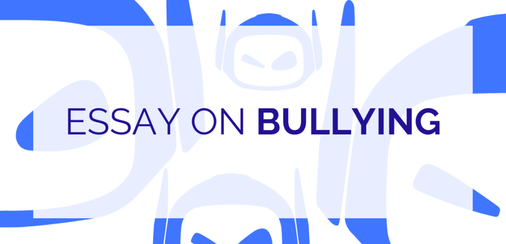 Smodin graphic of "ESSAY ON BULLYING" with blue and white abstract shapes background and a faint Smodin logo behind the text.