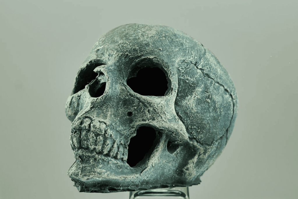 A human skull with a plain light background. 