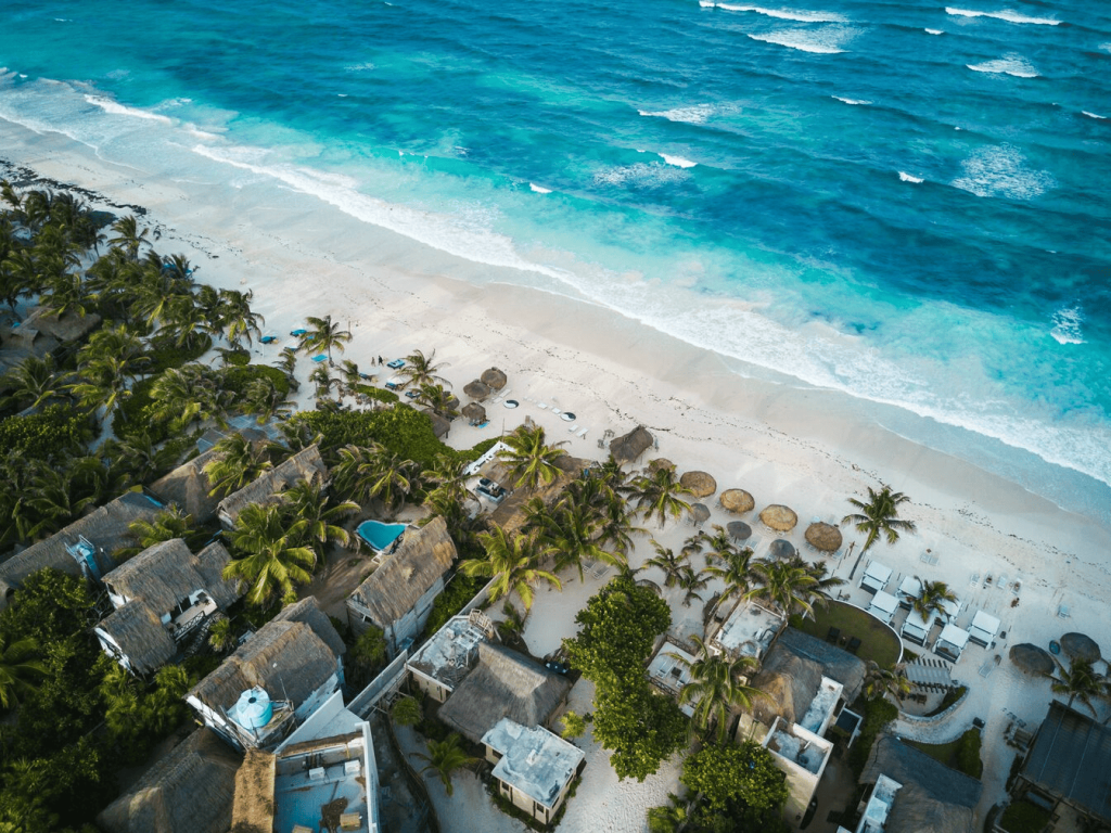 Aerial photography of mexican houses near the sea.