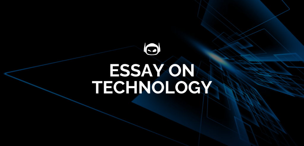 Smodin graphic of "Essay on Technology" with the Smodin logo above the text and a background of digital lines and shapes.