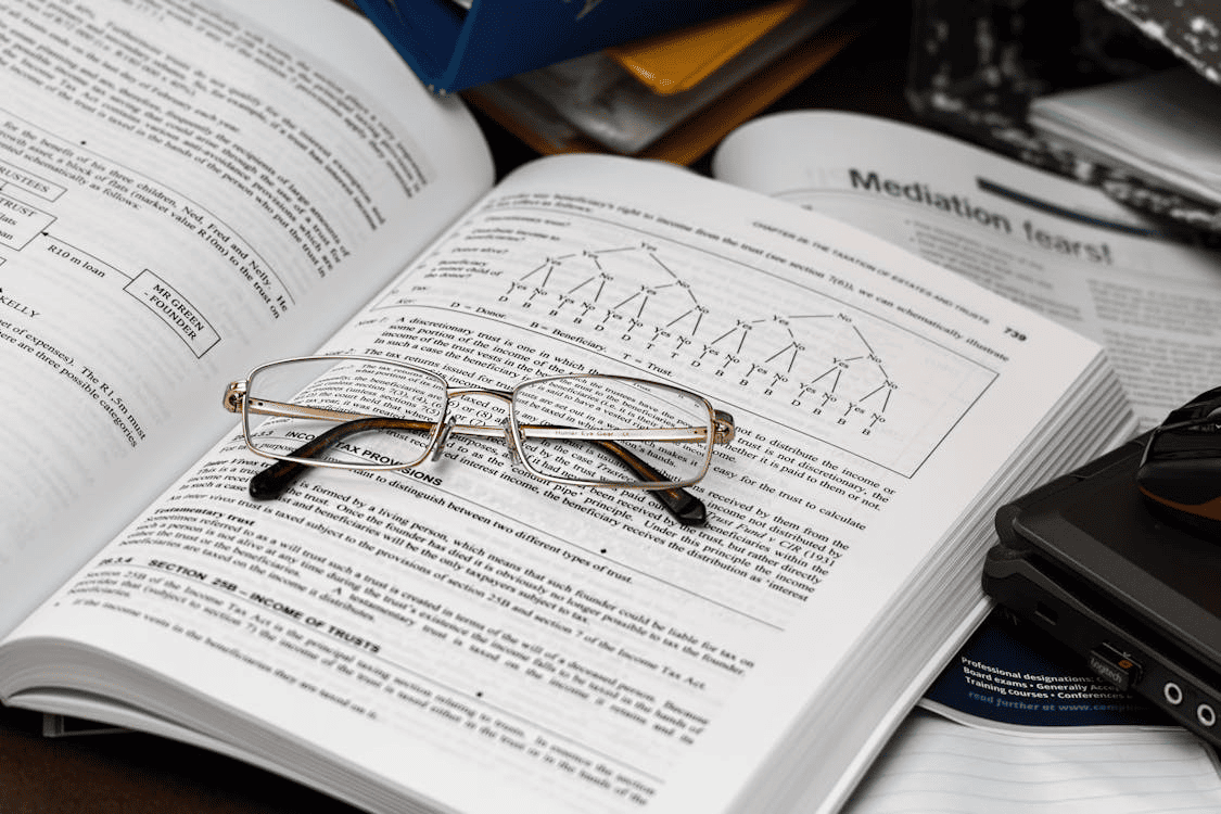 Reading glasses on top of an open book.