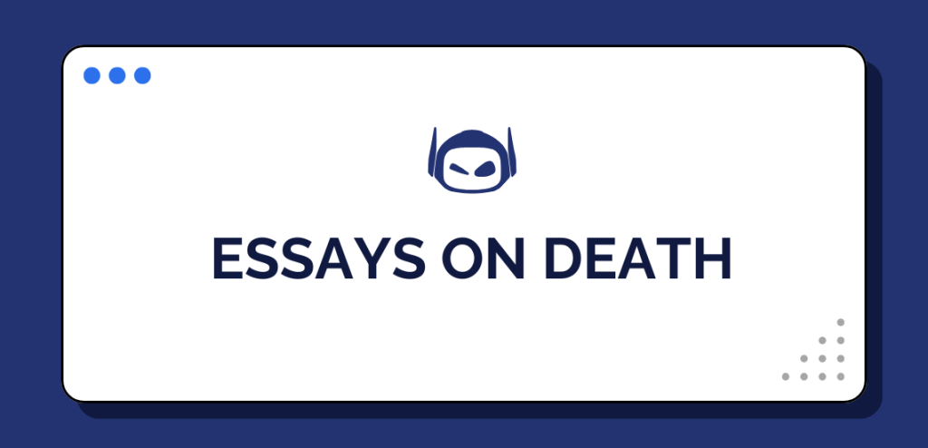 Smodin graphic of "Essays on Death," featuring the Smodin logo above the text on a minimalist blue and white background.