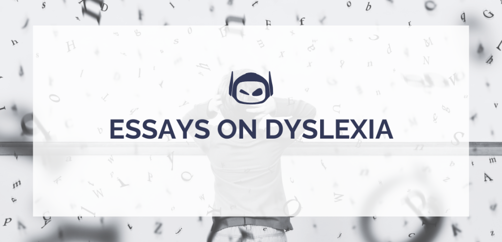 Smodin graphic of a person surrounded by floating letters with the text "Essays on Dyslexia" on a white overlay background.