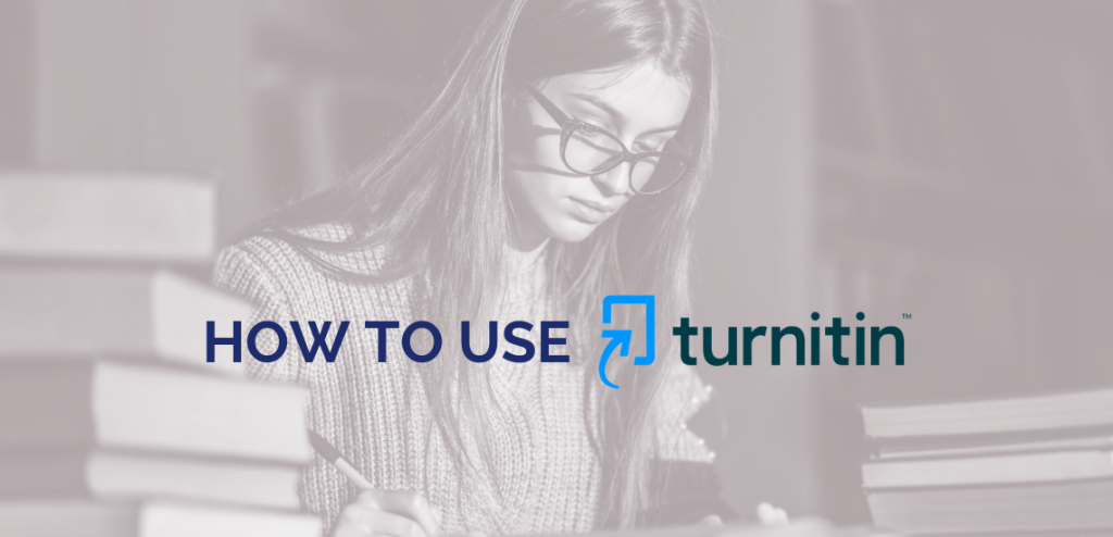 Smodin graphic of "How to Use Turnitin," showing a student with glasses studying, with books in a softly blurred background.