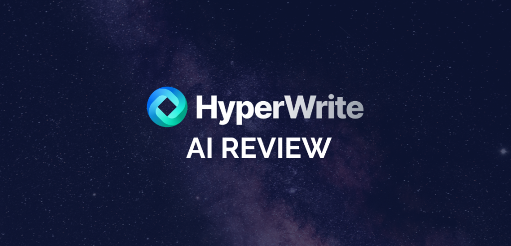 Smodin graphic of "HyperWrite AI REVIEW" with a colorful logo on a dark starry background. The text is centered on the image.