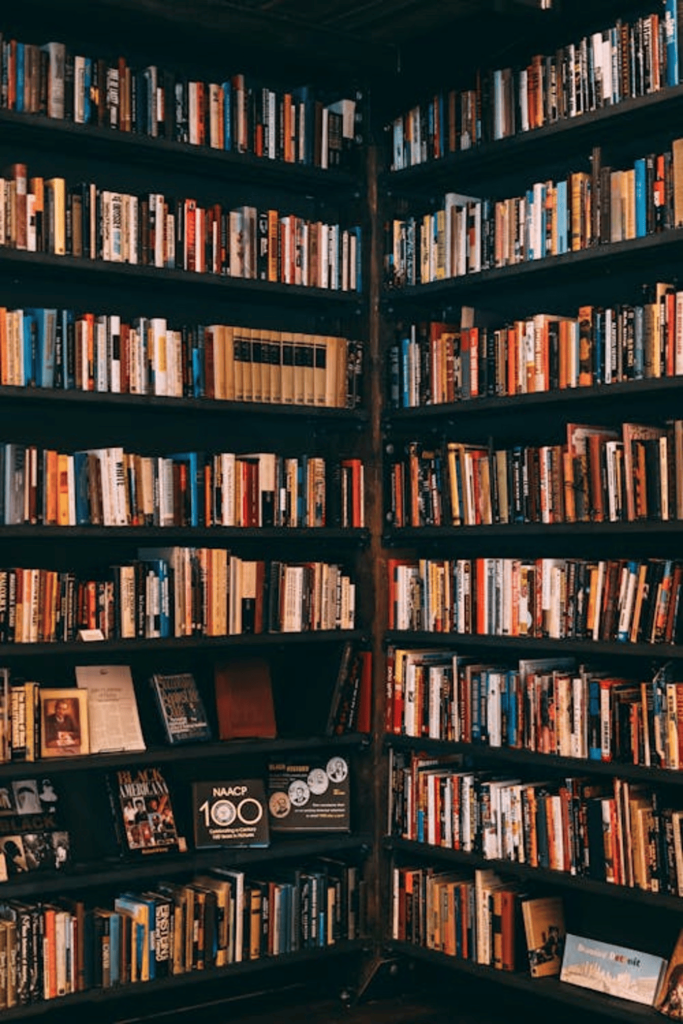 Black bookcases full of books. 