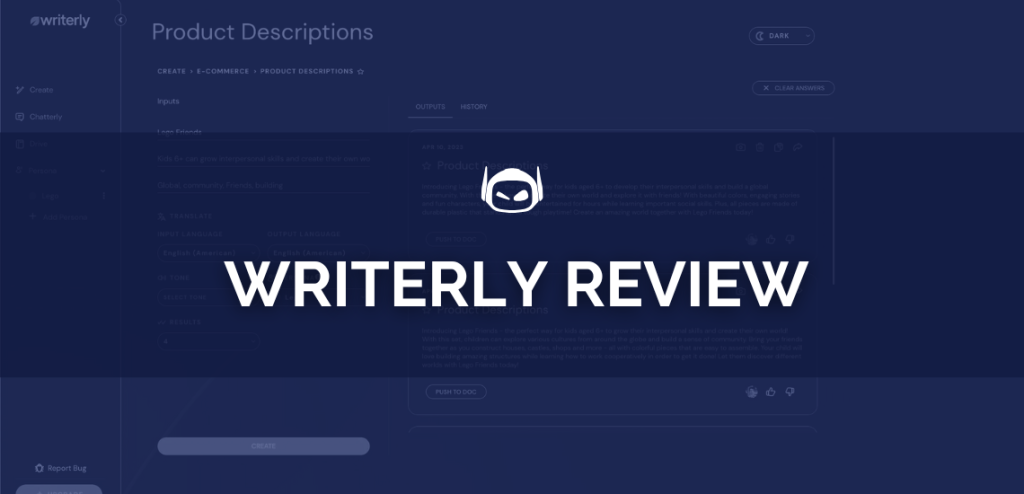 Smodin graphic of "Writerly Review," with the Smodin icon above the text on a dark blue background and product description UI.