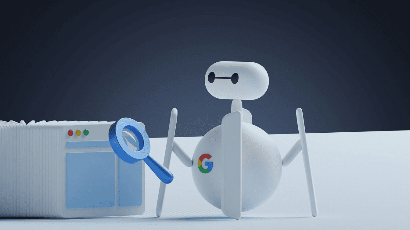 A white robot holding a magnifying glass next to a white box.