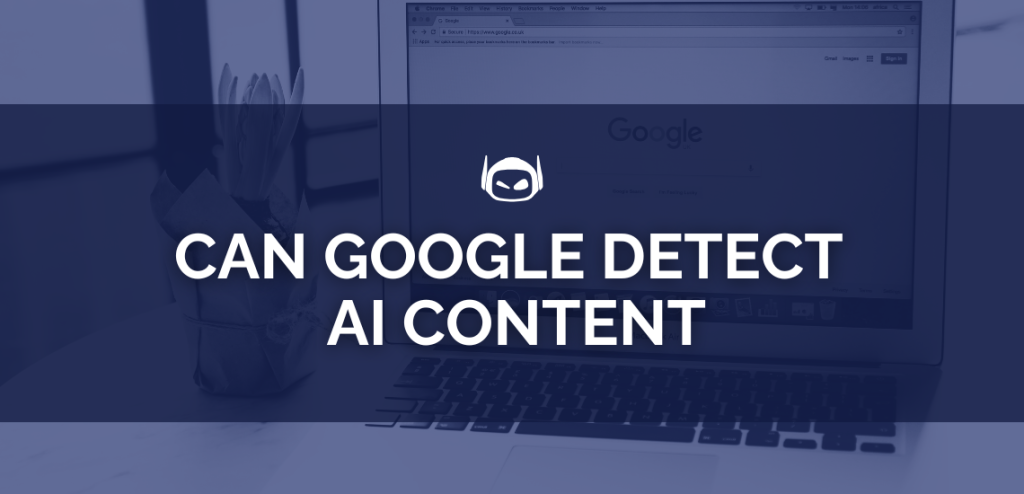 Smodin graphic of "Can Google Detect AI Content," showing a laptop with Google on screen and Smodin logo in a dark blue theme.