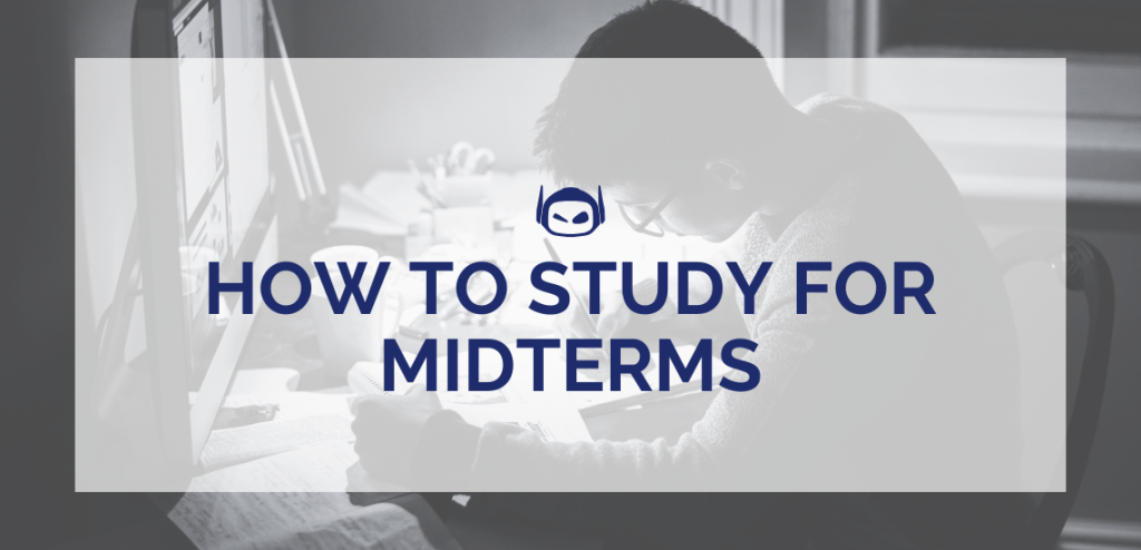 Smodin graphic of a student studying at a desk with text overlay "How to Study for Midterms" in bold, centered on the image.