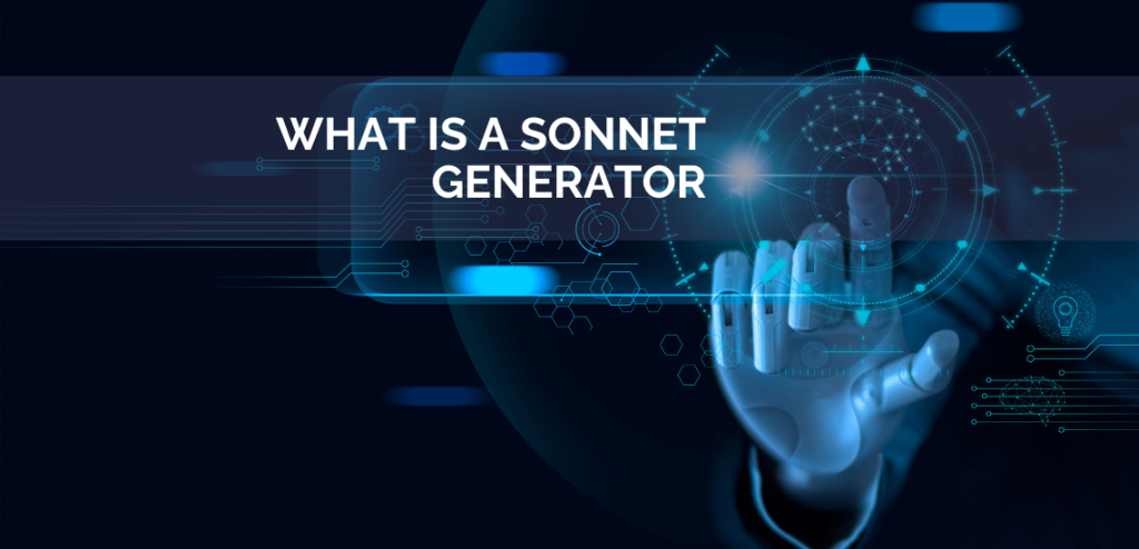 Smodin graphic of a futuristic interface with a robotic hand and text reading "What is a Sonnet Generator" in a digital font.