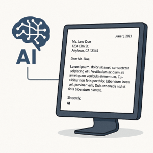 An AI brain icon connected to a monitor displaying a generated business letter with professional formatting.