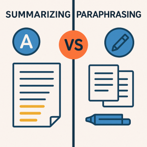 An infographic showing Summarizing vs. Paraphrasing with icons of documents, pencils.
