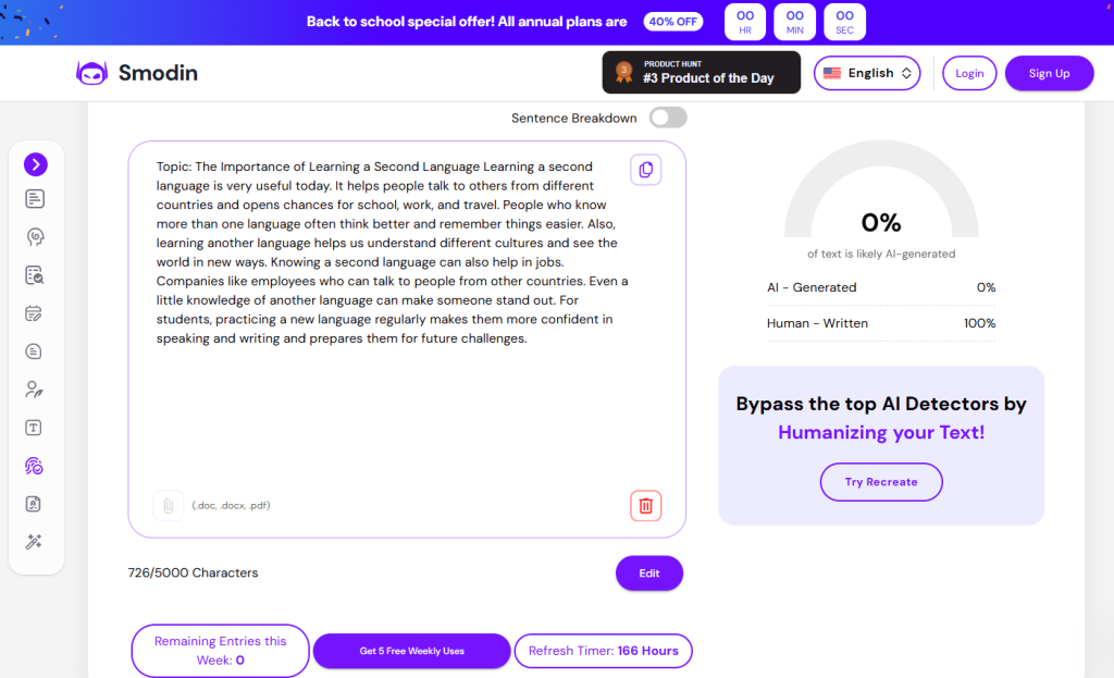 Capture d'écran de Smodin montrant une analyse de texte sur l'apprentissage d'une seconde langue avec 0 % de détection générée par l'IA.