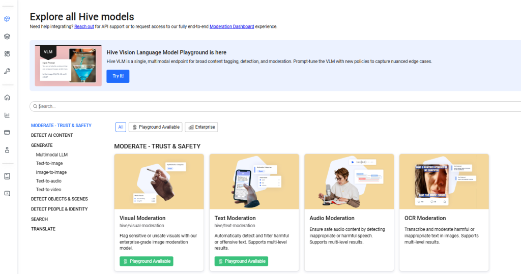 Une capture d'écran de la page du détecteur d'IA de Hive avec tous les services.