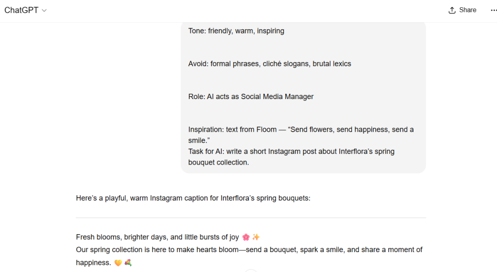 A screenshot of a chat with GPT showing the task for creating a slogan.