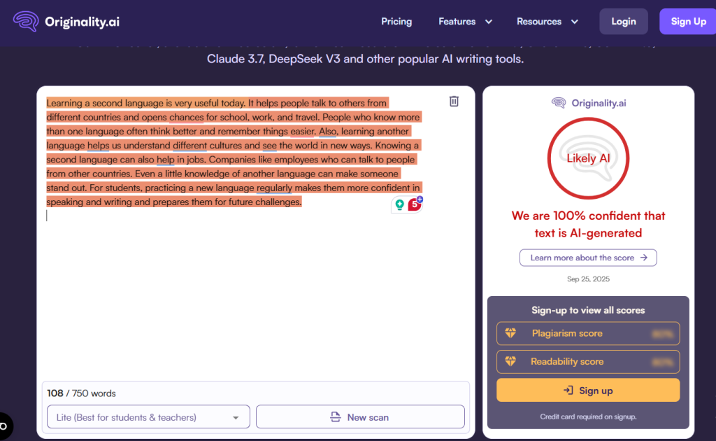 Capture d'écran d'Originality.ai montrant un texte signalé comme étant généré à 100 % par une IA et portant la mention "Probablement une IA".