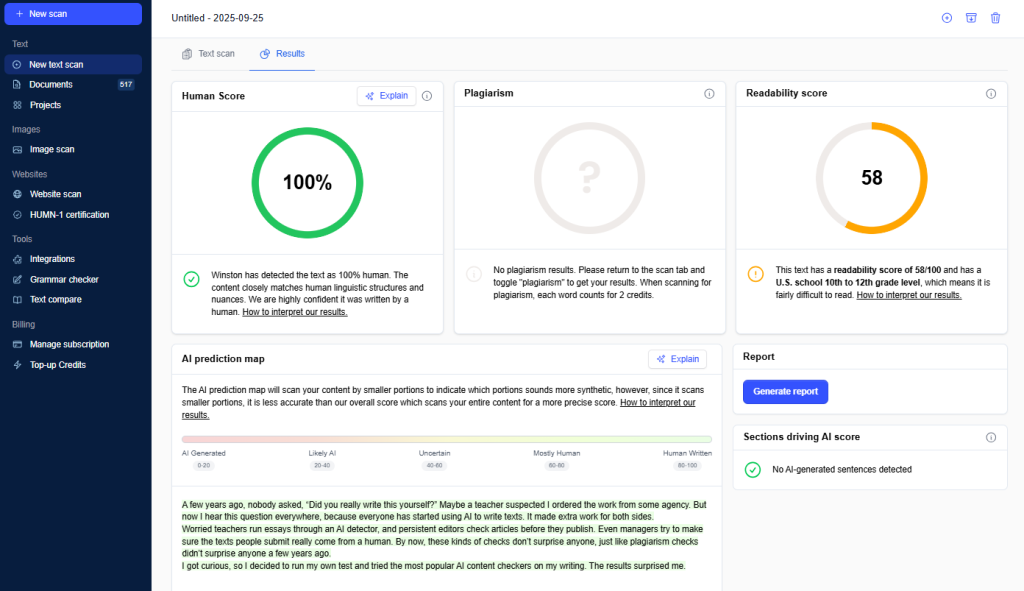 Une capture d'écran de Winston AI montrant un score humain de 100 %, aucun résultat de plagiat et un score de lisibilité de 58.