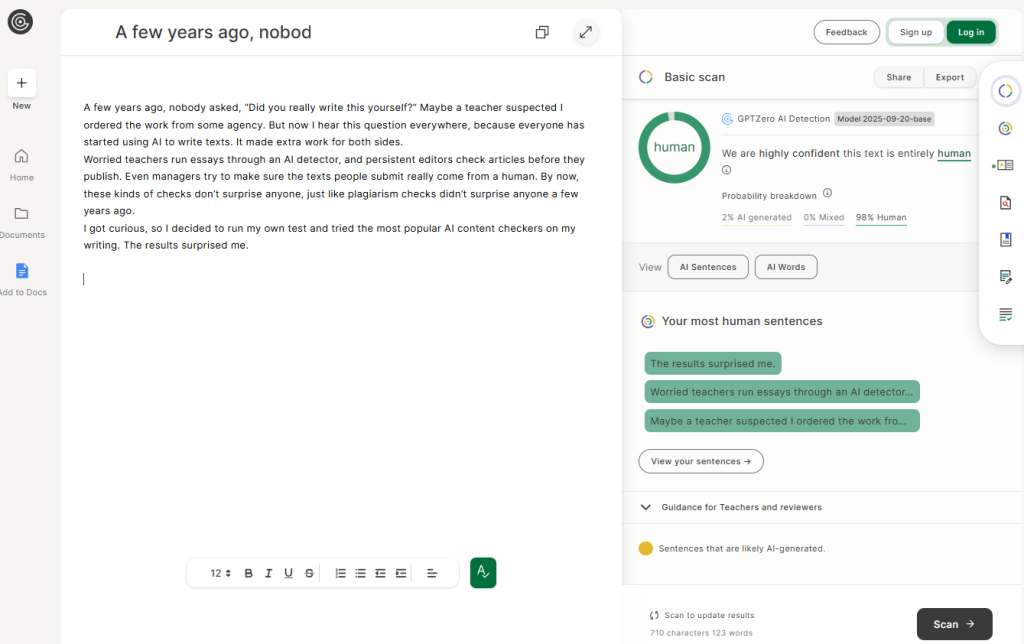 Capture d'écran de GPTZero montrant une analyse de base avec une confiance humaine de 98 % et des phrases en surbrillance marquées comme étant les plus humaines.