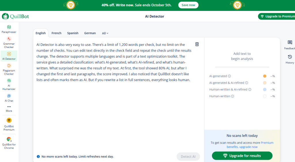 Capture d'écran du détecteur d'IA de QuillBot montrant un texte saisi sans résultat d'analyse.