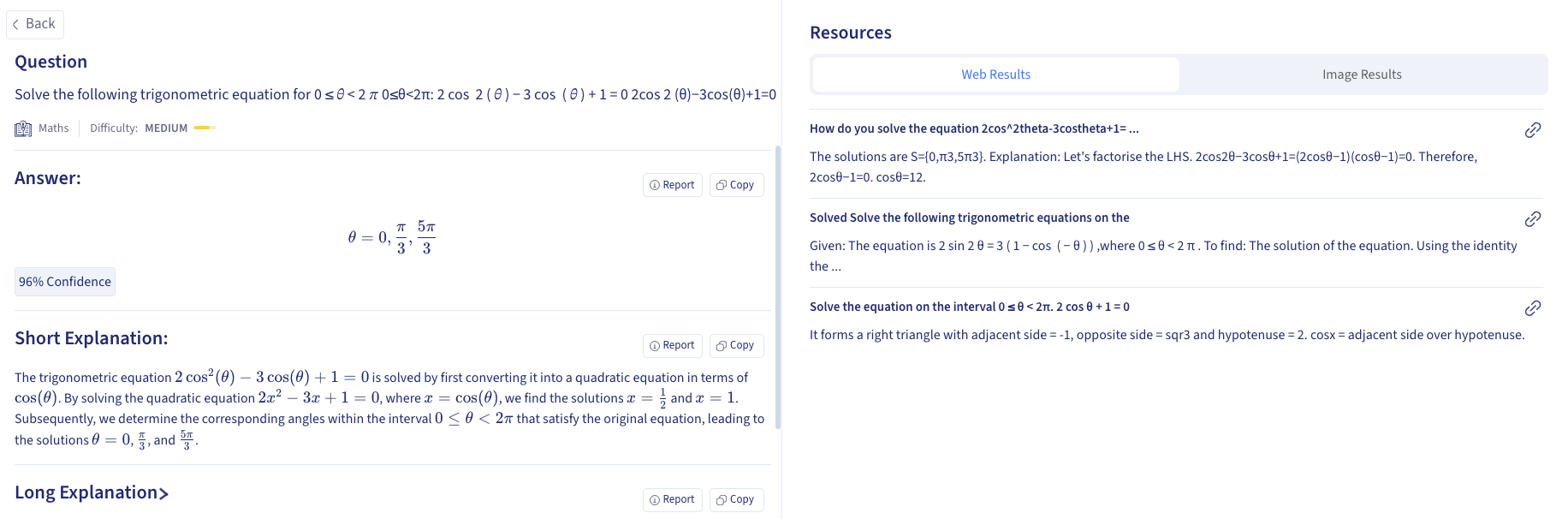 Smodin's AI math solver tool demonstrates how it answers a trigonometric equation.