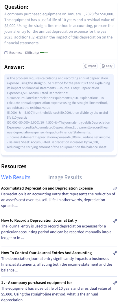 Smodin screenshot of example question and answer from the Smodin AI Accounting Homework Solver tool.