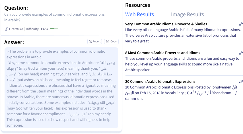 Smodin screenshot of example question and answer from the Smodin AI Arabic Homework Solver tool.