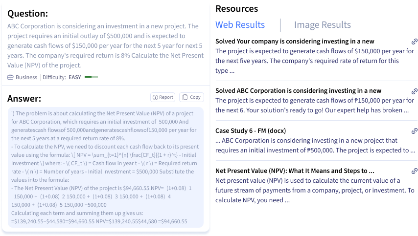 Smodin screenshot of example question and answer from the Smodin AI Finance Homework Solver tool.