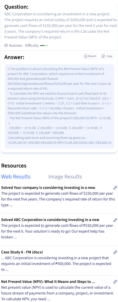 Smodin screenshot of example question and answer from the Smodin AI Finance Homework Solver tool.