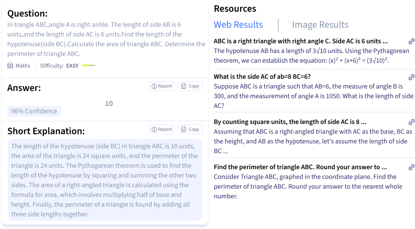 Smodin screenshot of example question and answer from the Smodin AI Geometry Homework Solver tool.