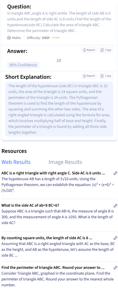 Smodin screenshot of example question and answer from the Smodin AI Geometry Homework Solver tool.