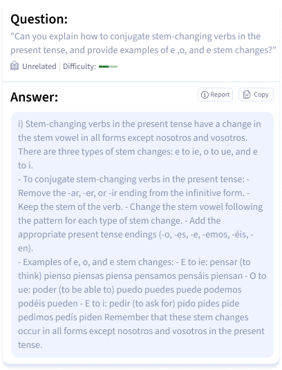 Smodin screenshot of example question and answer from the Smodin AI Spanish Homework Solver tool.