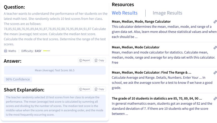 Smodin screenshot of example question and answer from the Smodin AI Statistics Homework Solver tool.