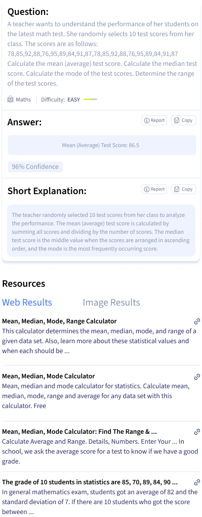 Smodin screenshot of example question and answer from the Smodin AI Statistics Homework Solver tool.