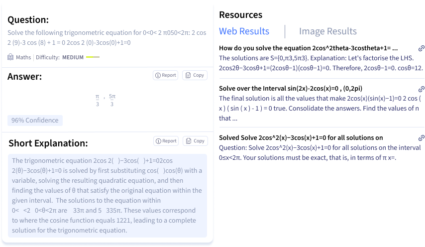 Smodin`s screenshot of a sample trigonometry question and answer from the Smodin Homework Solver.