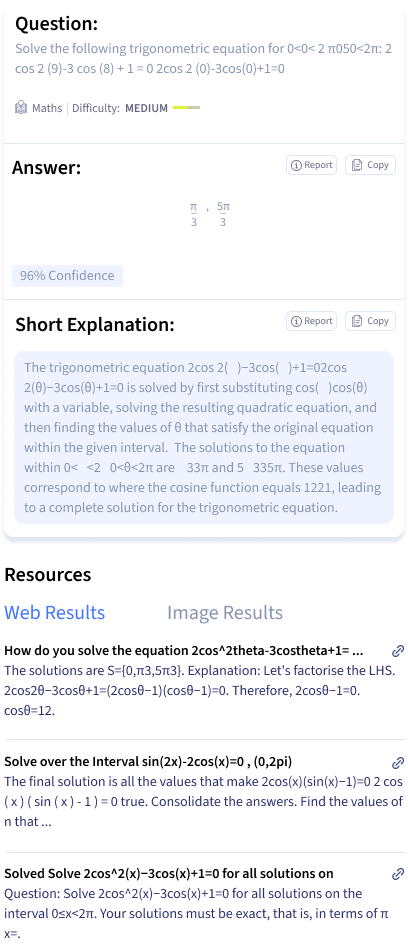 Smodin`s screenshot of a sample trigonometry question and answer from the Smodin Homework Solver.